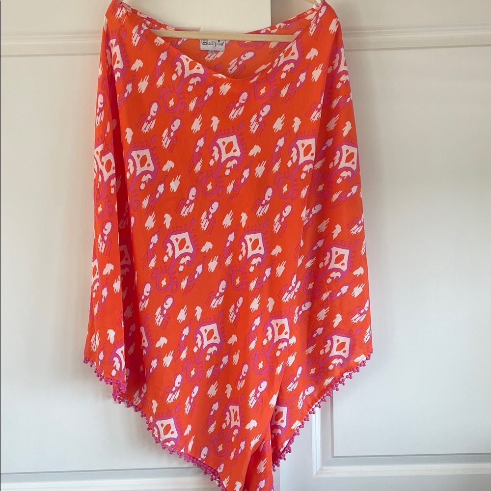 Bright Orange Printed Beach Wrap with  Pink Fringe Trim